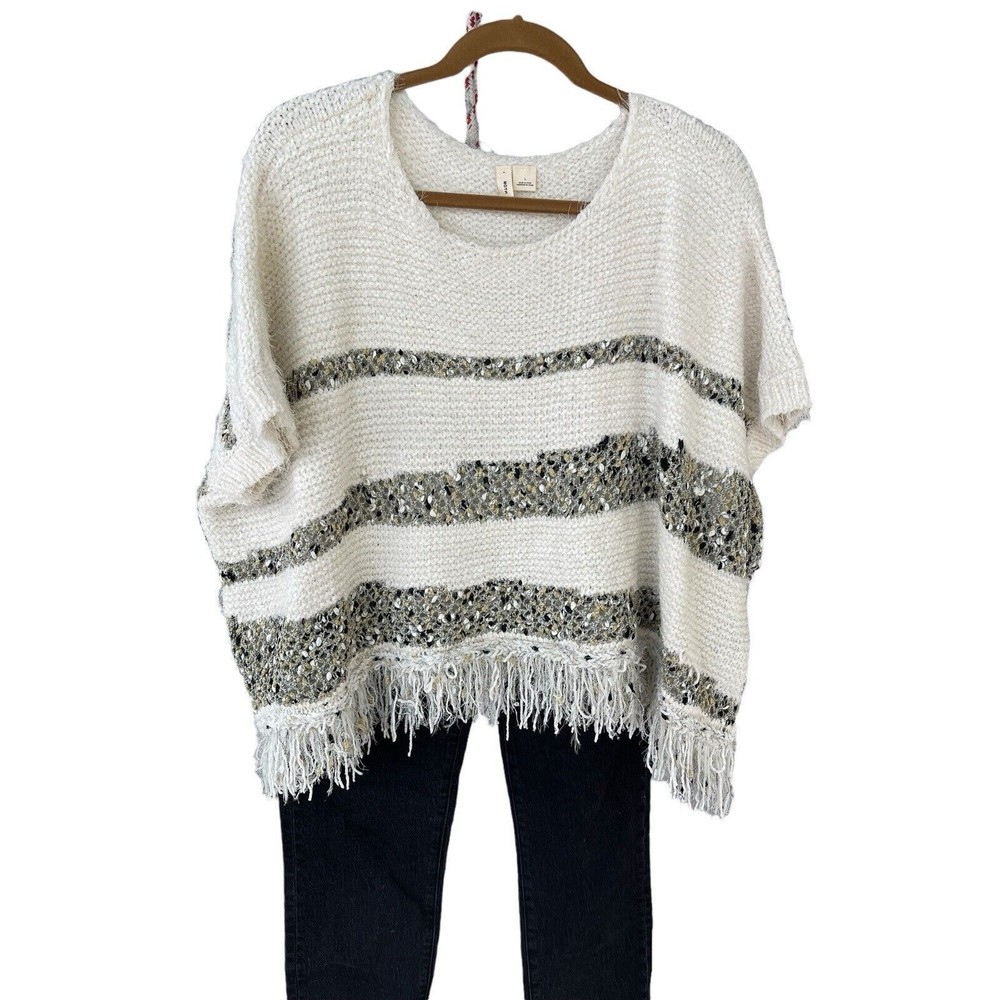 Moth By anthropologie crew‎ neck metallic fringe poncho sweater Size large